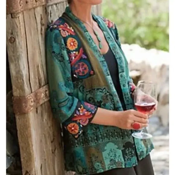 Soft Surroundings Embroidered Open Front Multi Colored Lined Cardigan Sz M - Picture 1 of 10